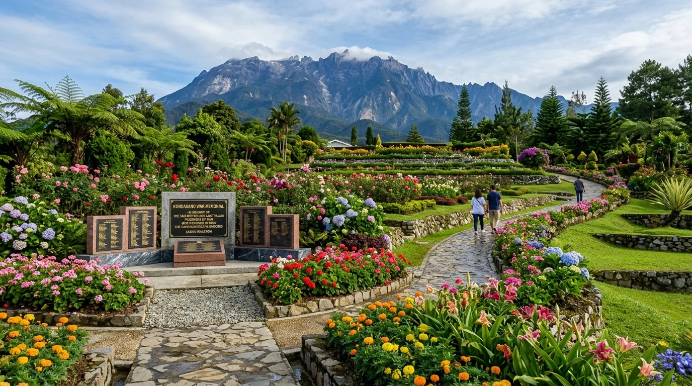Taman peringatan Kundasang War Memorial dengan bunga-bunga