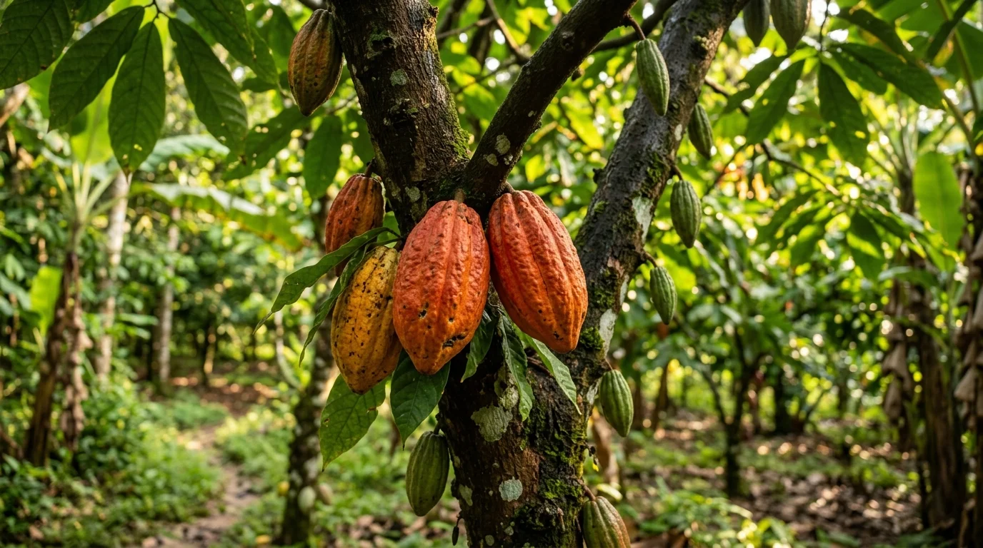 Ladang koko Tawau dengan buah koko yang masak