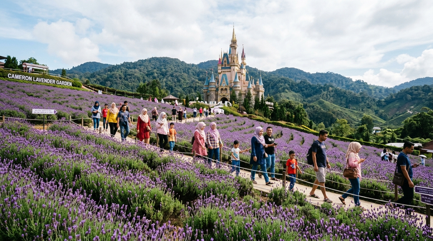 Taman bunga lavender ungu dengan menara angin latar belakang