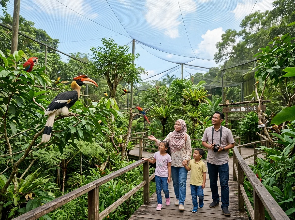 Kanak-kanak melihat burung di Taman Burung Labuan