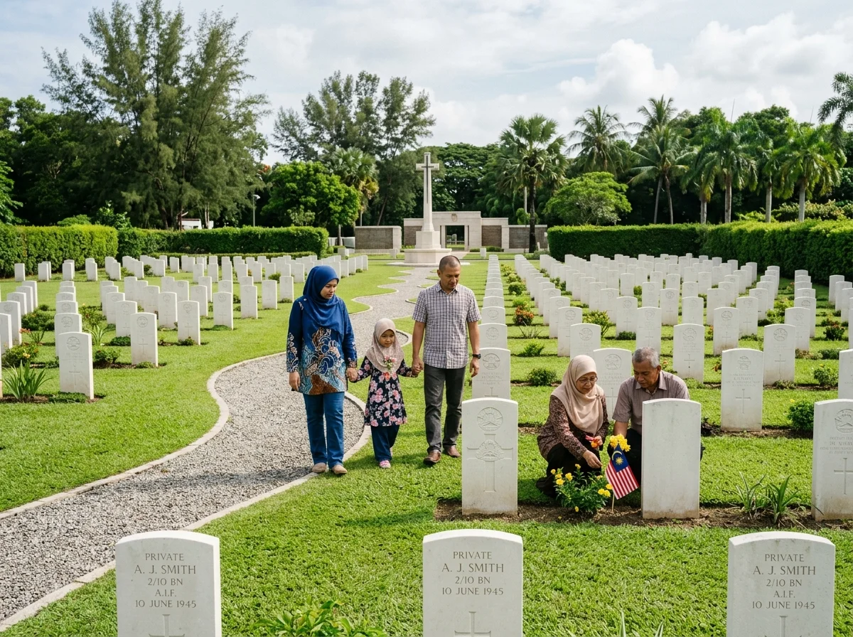Tugu Peringatan Perang Labuan dengan barisan pusara putih
