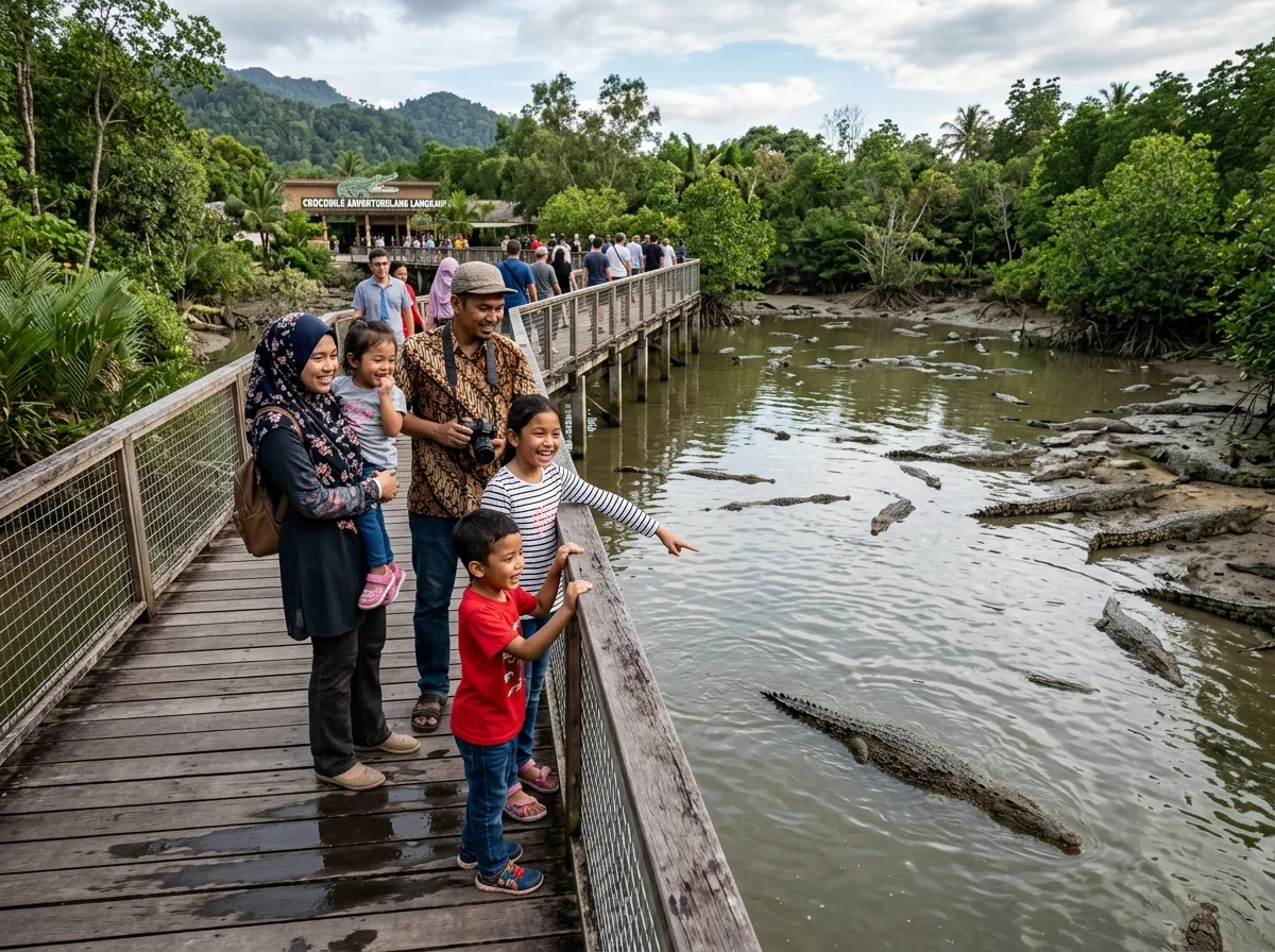 Pelawat melihat buaya di Crocodile Adventureland Langkawi