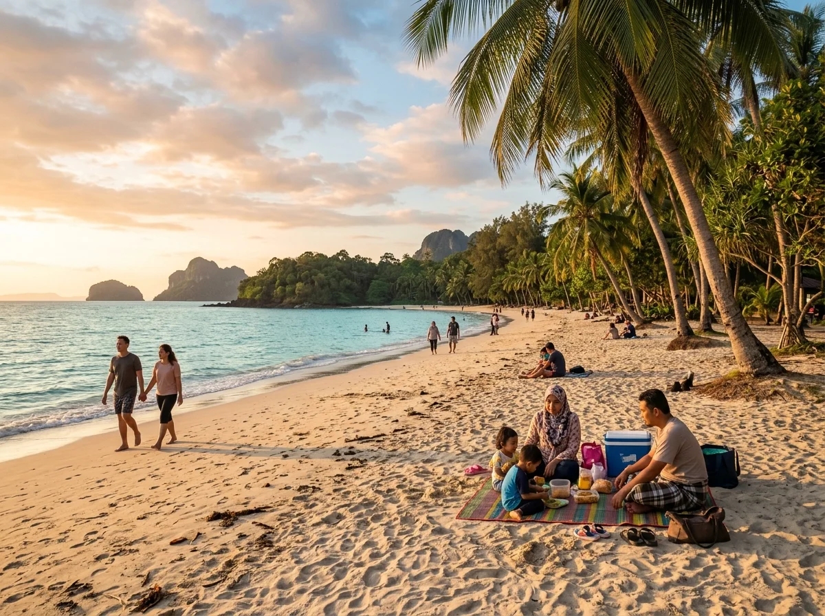 Pantai Tengah Langkawi yang tenang dengan pokok kelapa