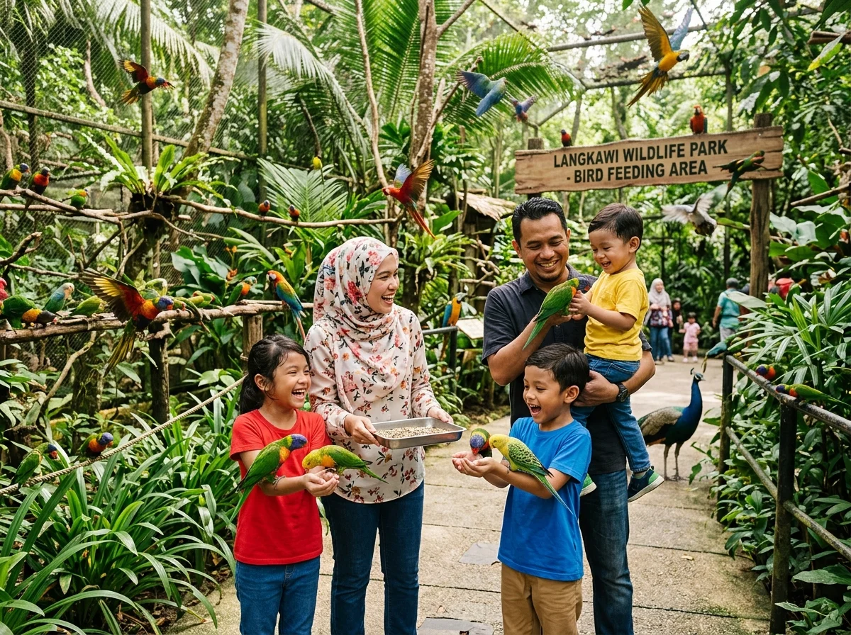 Keluarga memberi makan burung di Langkawi Wildlife Park
