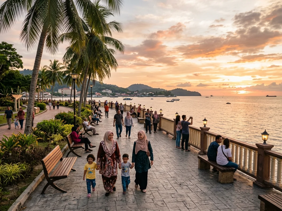 Gerai makanan di tepi Lumut Waterfront waktu petang