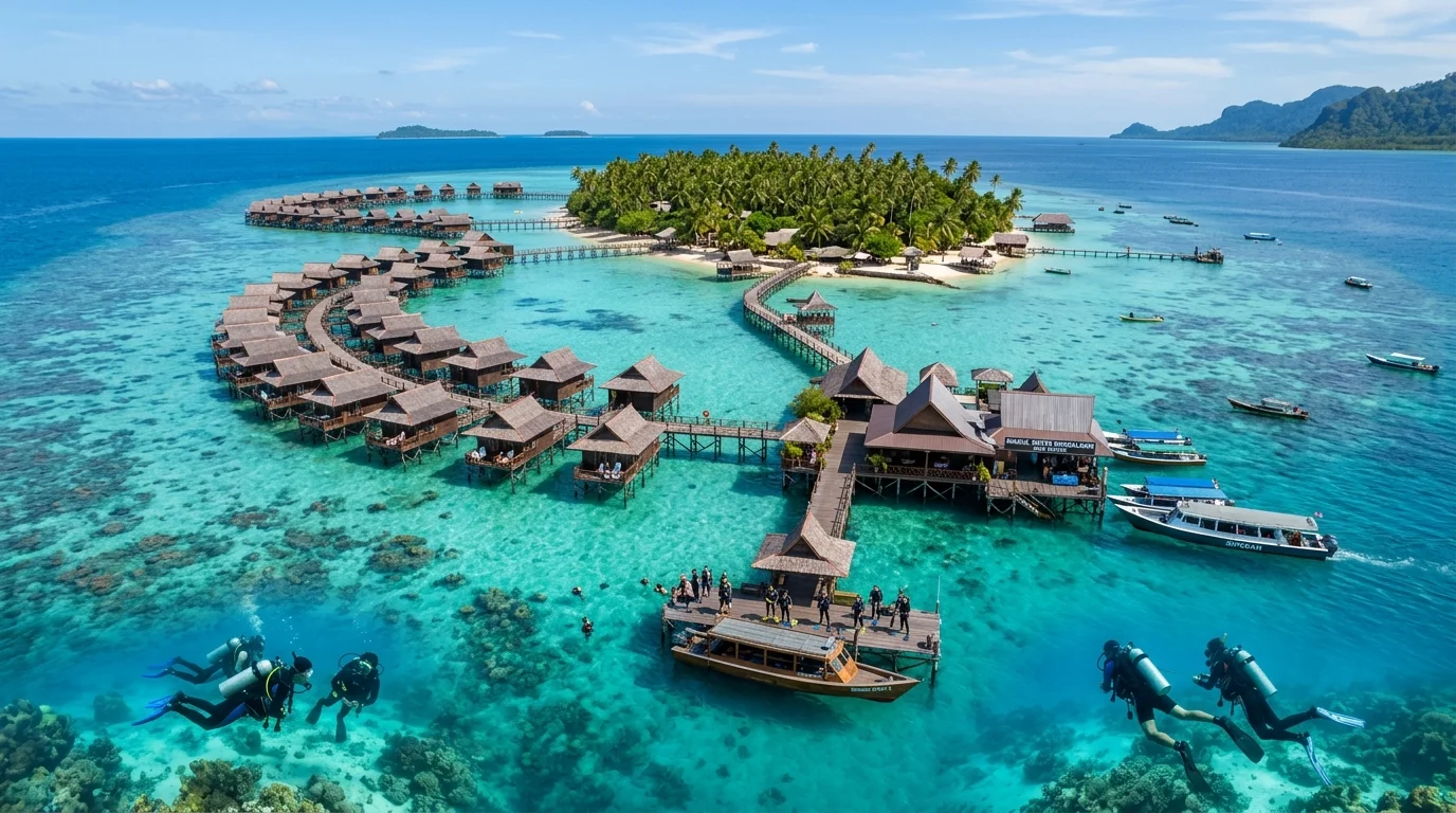 Resort di Mabul Island dengan jambatan kayu di atas laut