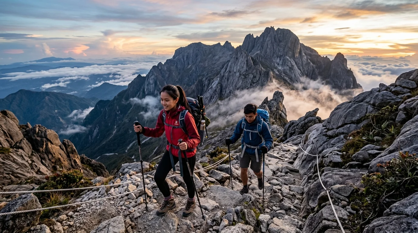 Laluan pendakian Gunung Kinabalu dengan pemandangan awan