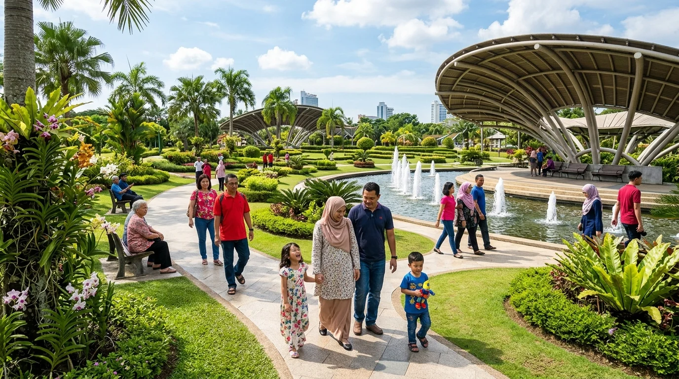 Taman rekreasi Miri City Fan dengan kolam dan menara