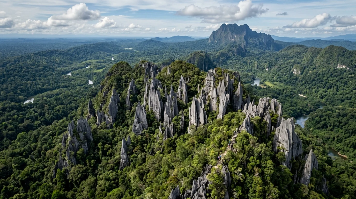 Pinnacles dan gua di Gunung Mulu National Park dari Miri