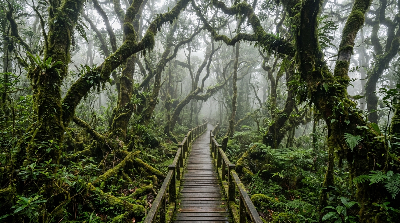 Hutan berkabus Mossy Forest dengan pokok-pokok berlumut