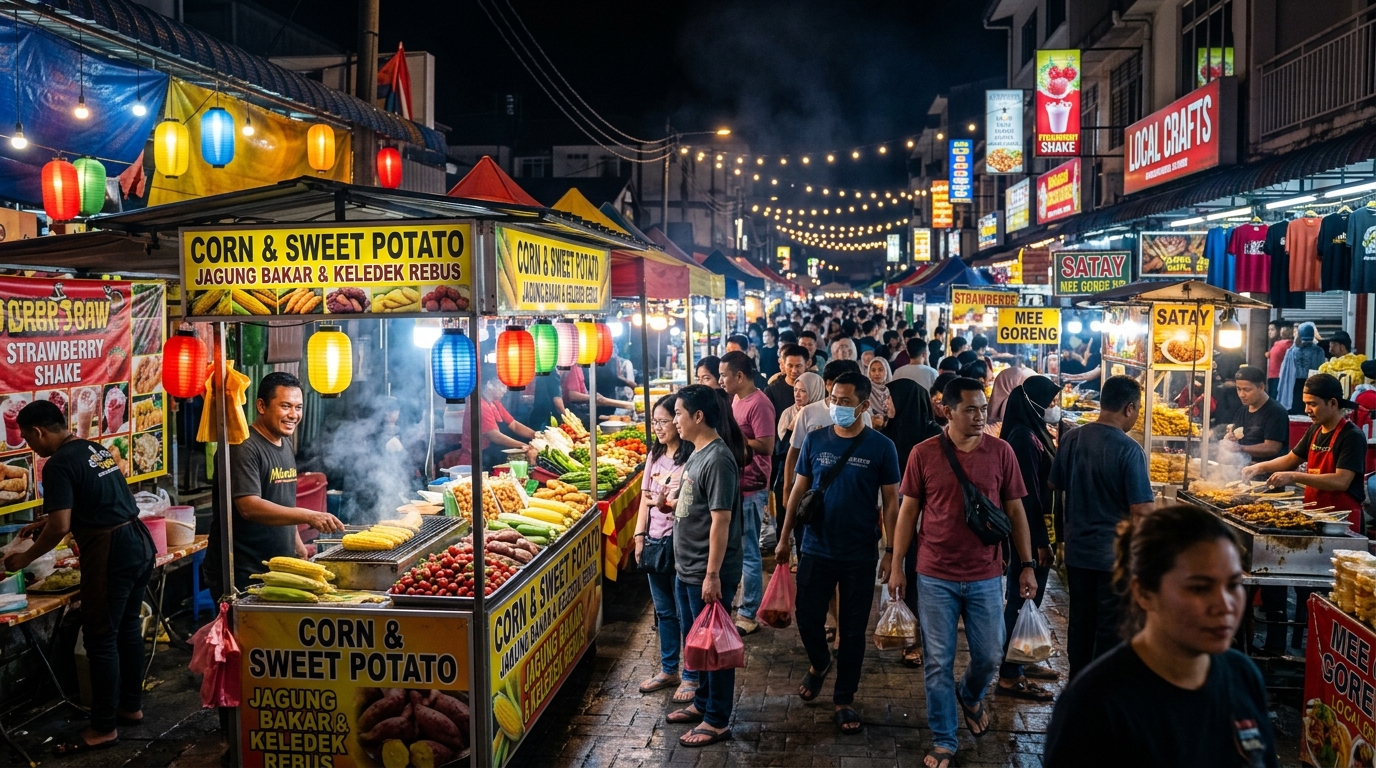 Pasar Malam Brinchang dengan warung makanan dan sayuran segar