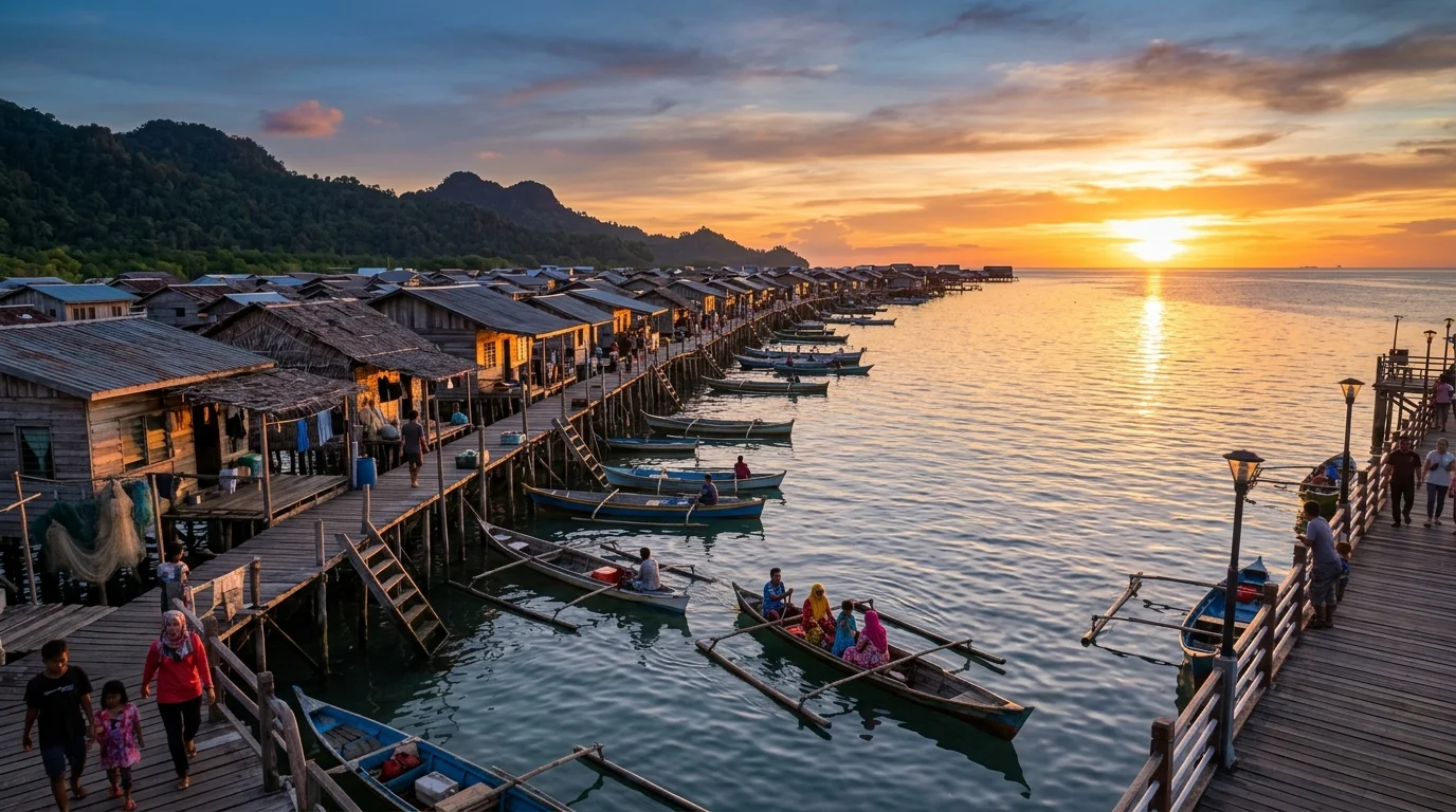 Pekan terapung Semporna dengan rumah-rumah di atas air