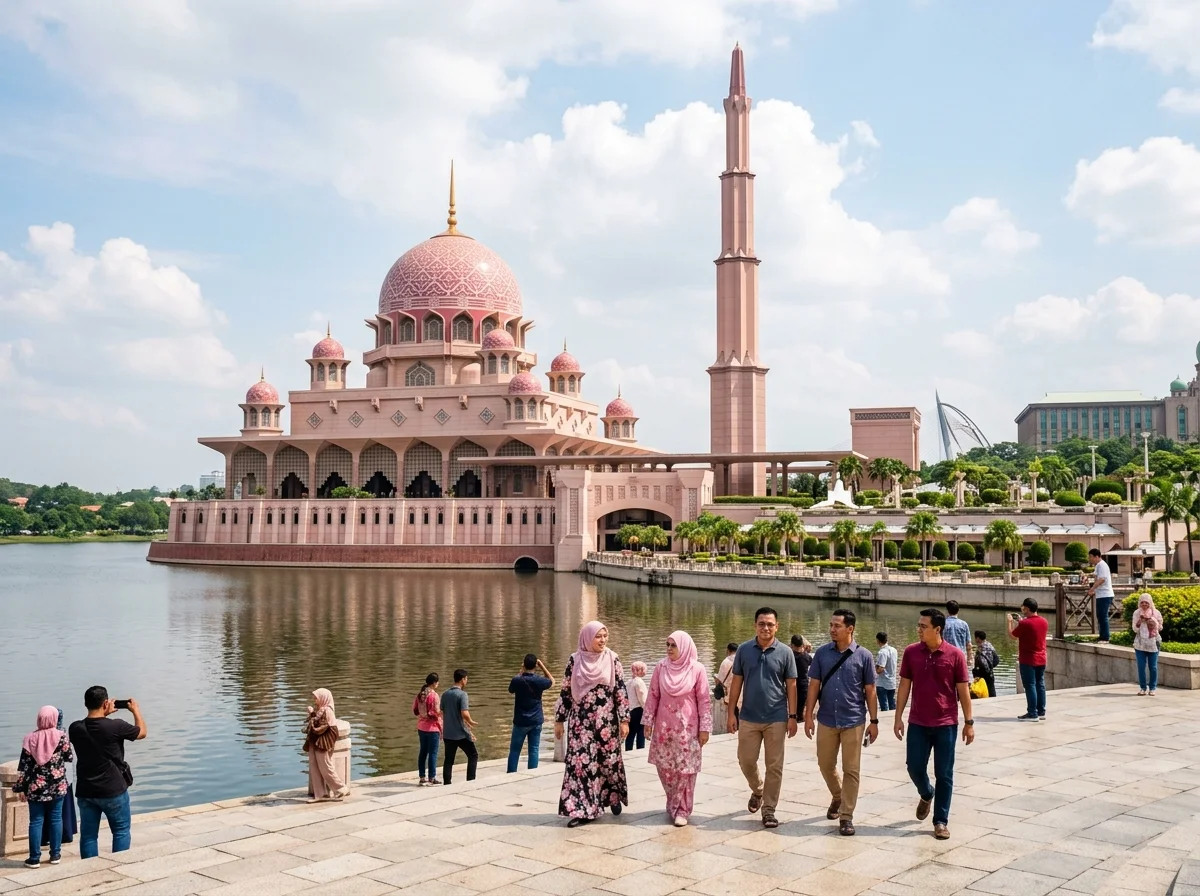 Masjid Putra Putrajaya dengan kubah merah jambu ikonik di tepi tasik