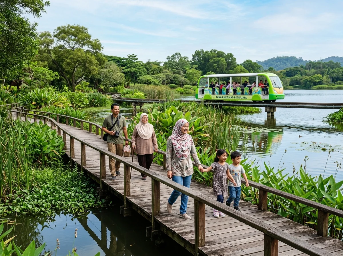 Taman Wetland Putrajaya dengan laluan kayu dan tasik