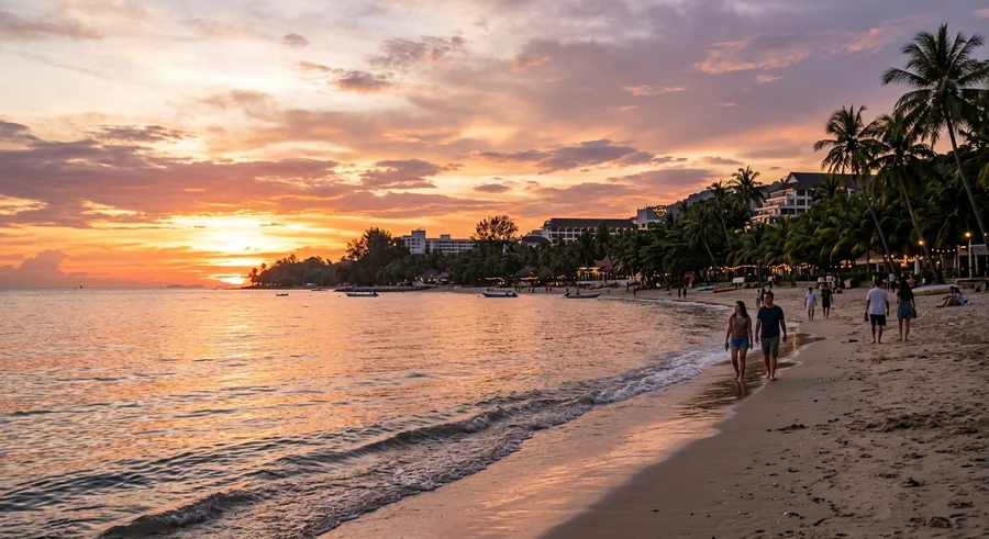 Pantai pasir putih dengan resort mewah tepi pantai dan aktiviti pantai di Batu Ferringhi Penang