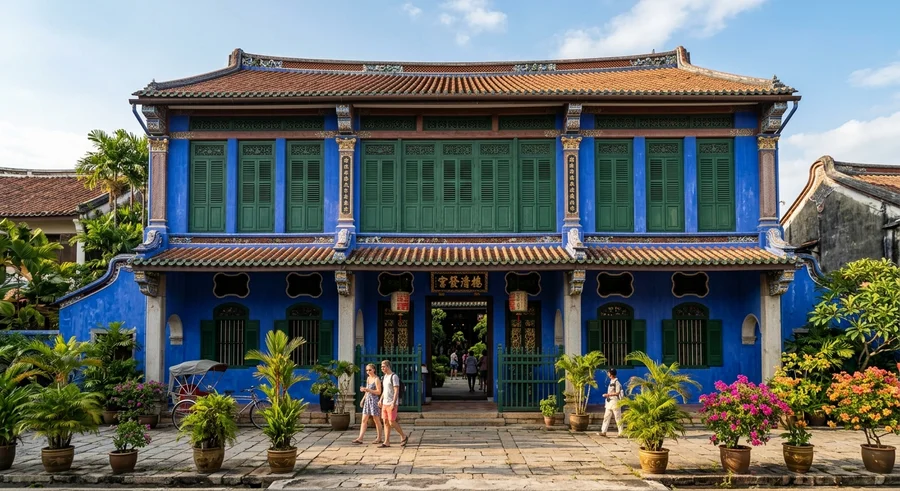 Bangunan bercat biru indigo ikon dengan seni ukiran tradisional Cina di Georgetown Penang