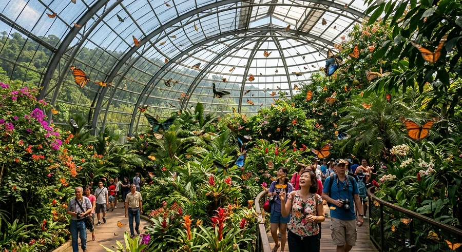Ribuan rama-rama berwarna-warni yang terbang bebas di dalam kebun tertutup Entopia Butterfly Farm