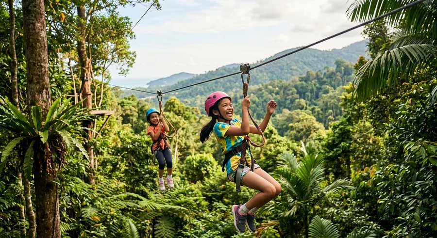 Zip line dan slide air di taman tema petualangan ESCAPE Theme Park Batu Ferringhi