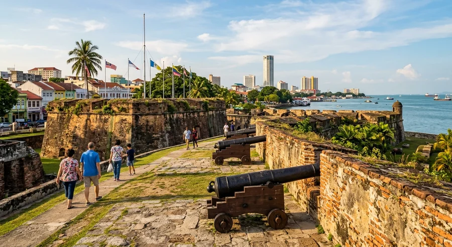 Kubu bentara bintang era 1786 dengan meriam lama dan pemandangan pelabuhan di Georgetown