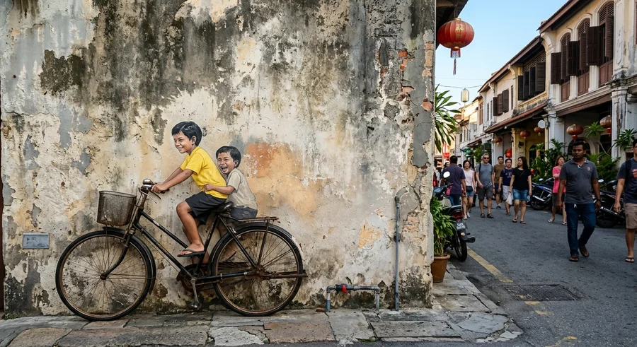 Seni mural dinding yang terkenal di Jalan Armenian, Georgetown Penang