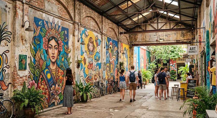 Mural seni jalanan warna-warni di depot bas lama yang dirombak menjadi pusat seni komuniti