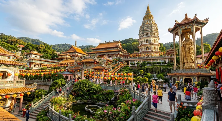 Pagoda 7-tingkat emas dan patung Kuan Yin 30 meter di Kek Lok Si Temple Penang