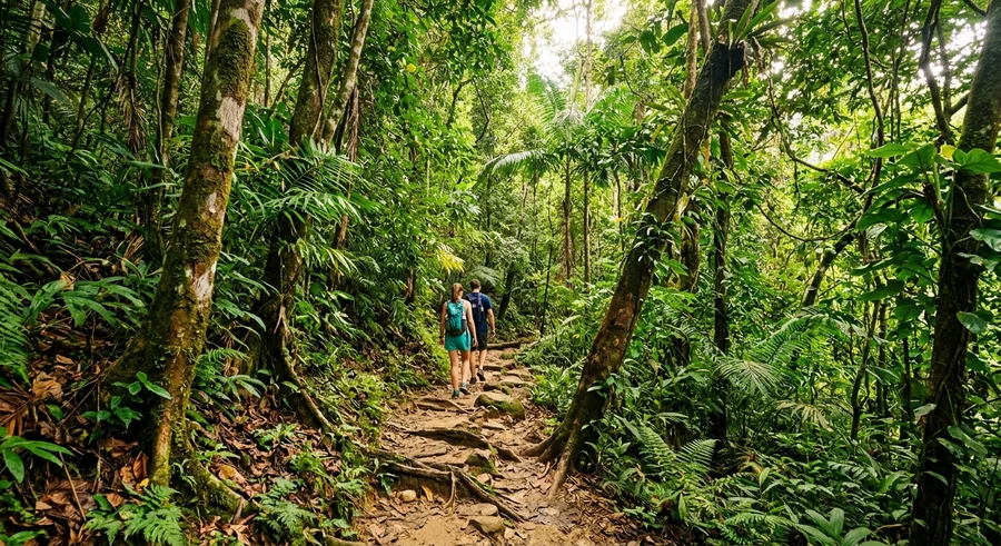 Jalan setapak hutan tropika dan Pantai Kerachut di Taman Negara Penang Teluk Bahang