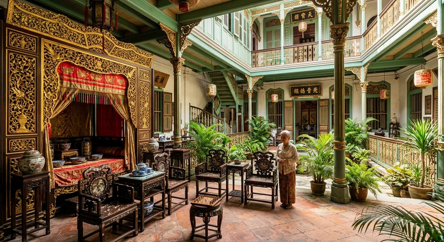 Bilik-bilik warisan dengan hiasan tradisional Peranakan dan perabot antik abad ke-19