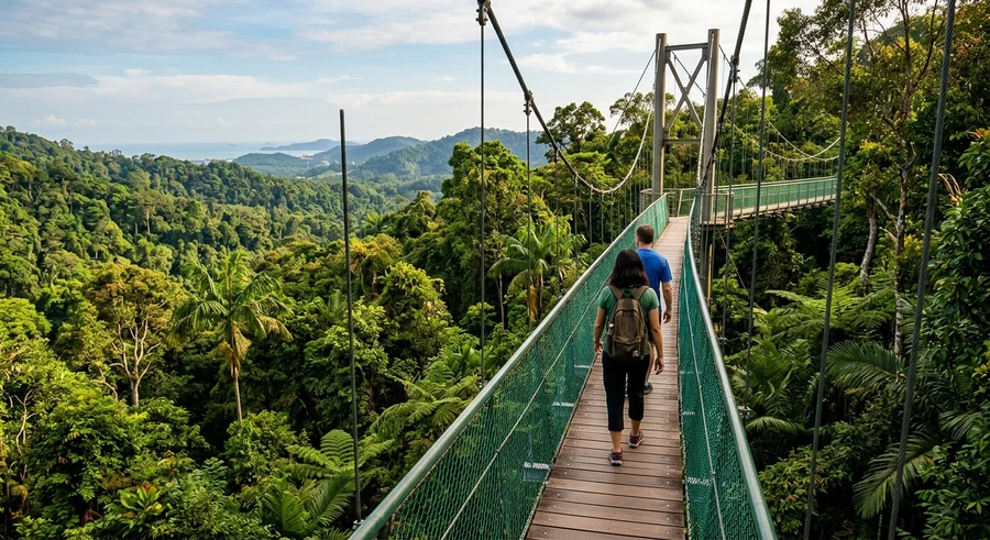 Jambatan kanopi di hutan tropika tingkat pohon dengan pemandangan laut dari Penang Hill