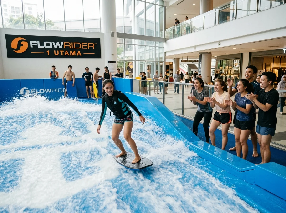 Kanak-kanak mencuba FlowRider di 1 Utama Petaling Jaya