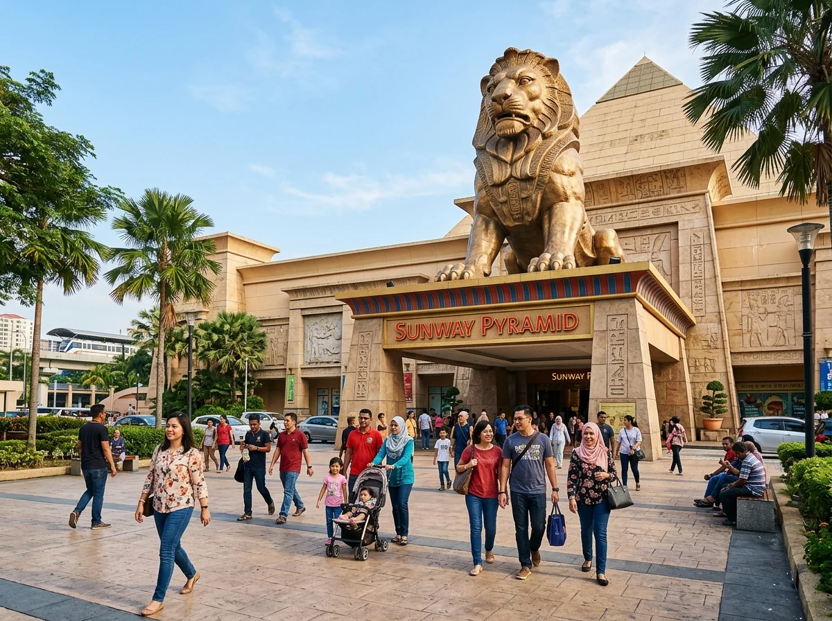 Sunway Pyramid Petaling Jaya — mall bertemakan Mesir dengan patung singa dan piramid
