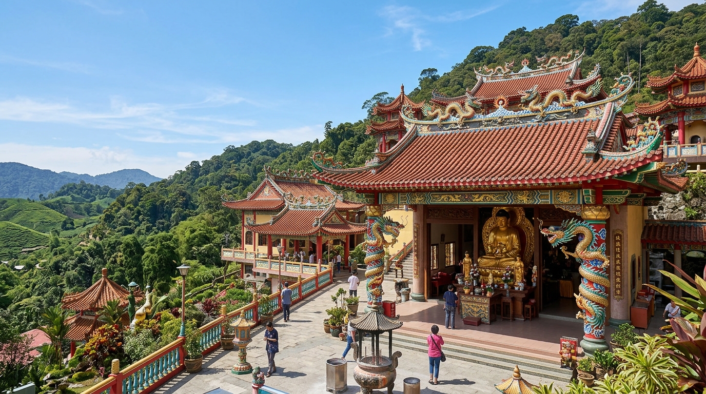 Kuil Buddha berwarna-warni dengan tiang naga emas di Brinchang