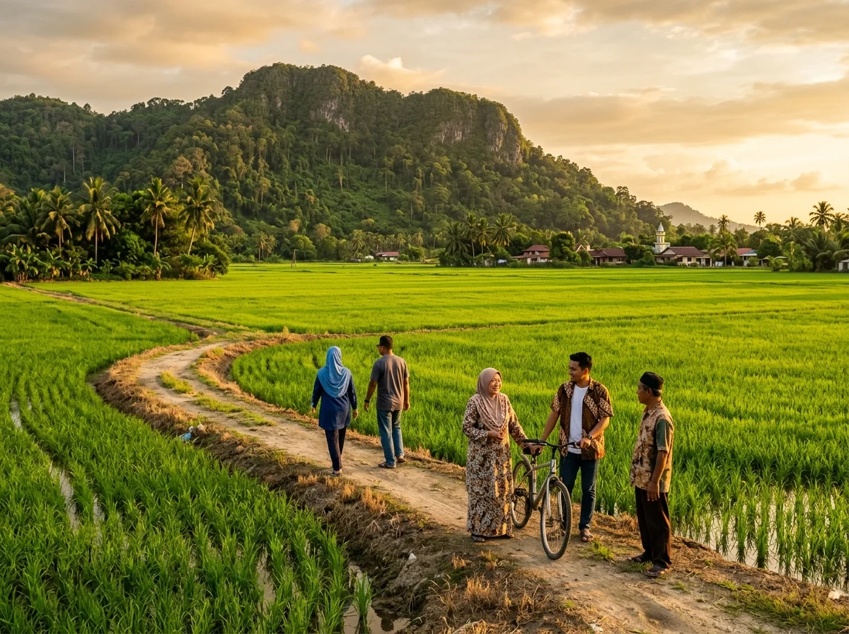Sawah padi hijau dan kawasan desa Kuala Muda berhampiran Sungai Petani