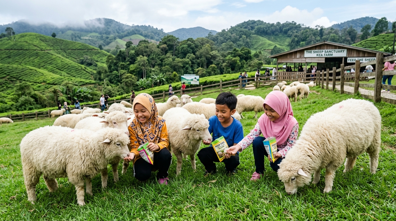 Ladang biri-biri Australia Merino dengan pengunjung memberi makan