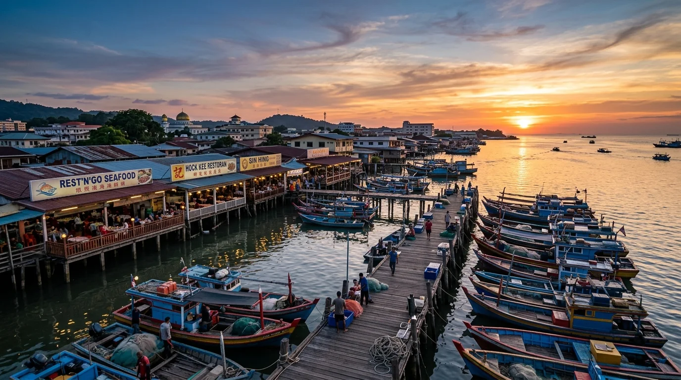 Tawau Waterfront di waktu petang dengan pelabuhan dan gerai makan
