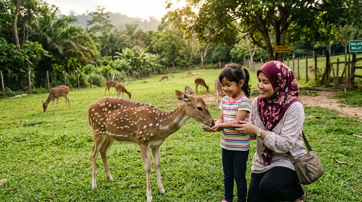 Taman rusa dengan pelawat memberi makan rusa dan kelinci di kawasan petting zoo