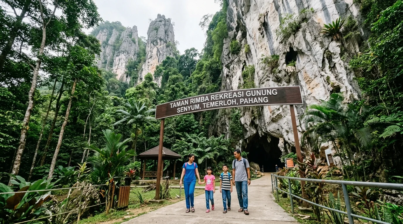Gua batu kapur Gunung Senyum dengan pemandangan hutan hujan dan jalan masuk yang terang
