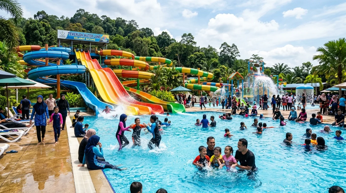 Kolam air dengan gelanggang air, ombak buatan, dan keselamatan pengawas