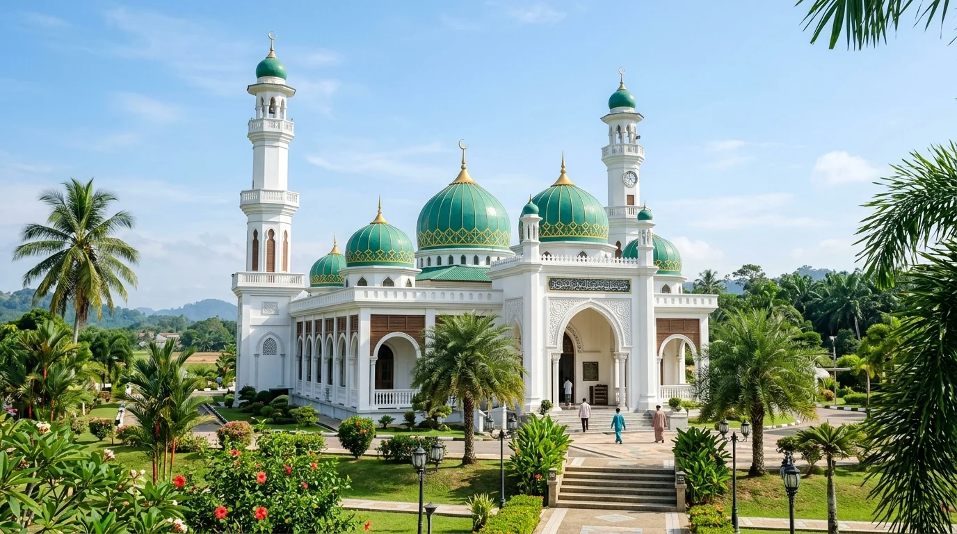 Masjid bersejarah dengan seni bina tradisional Melayu dan taman yang asri