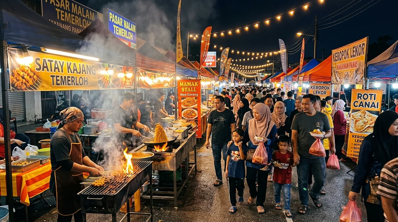 Pasar malam dengan gerai makanan jalanan, lampu berwarna-warni, dan pelawat yang meriah