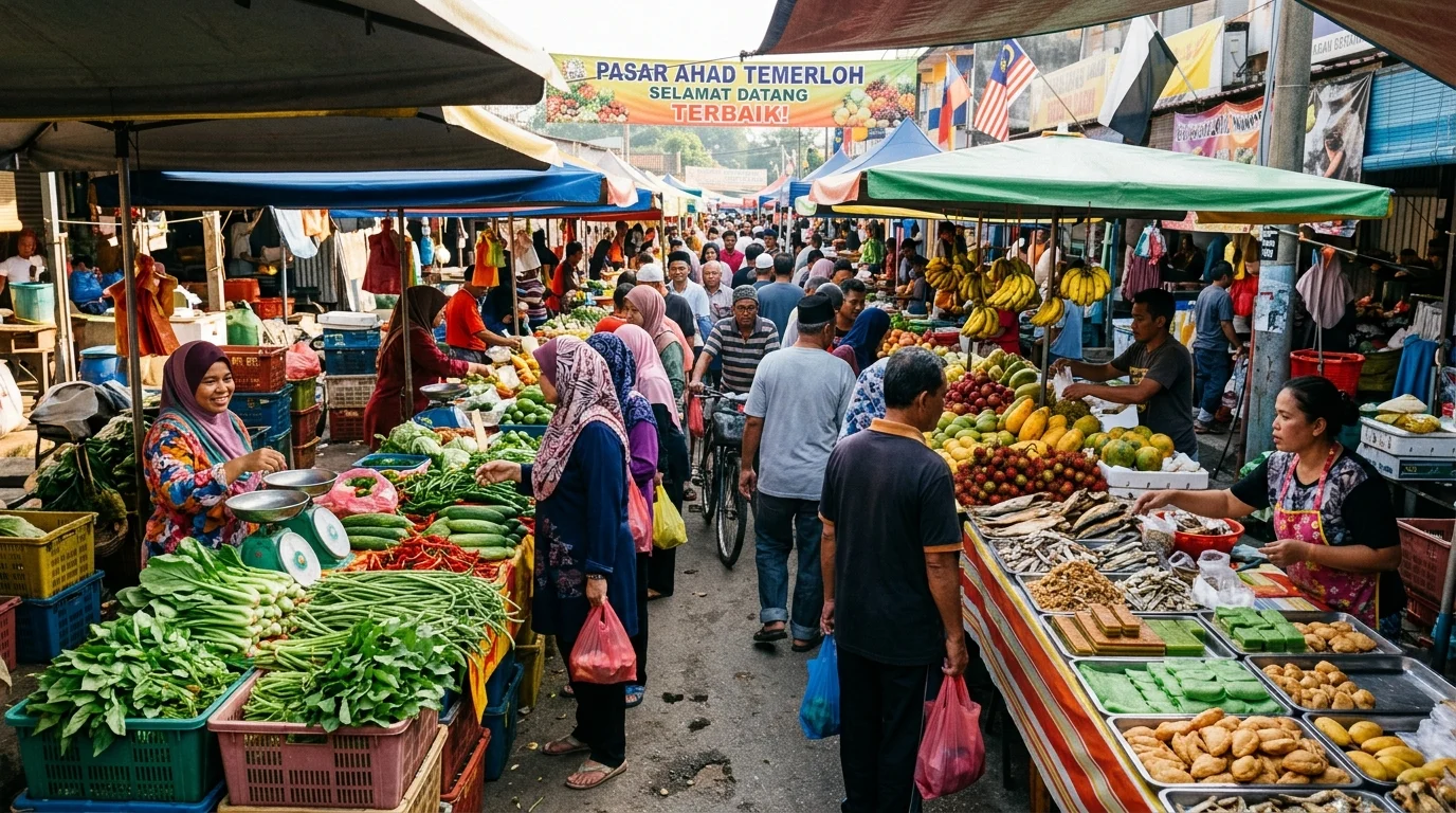 Pasar minggu dengan gerai makanan segar, hasil pertanian, dan penjual pakaian tradisional