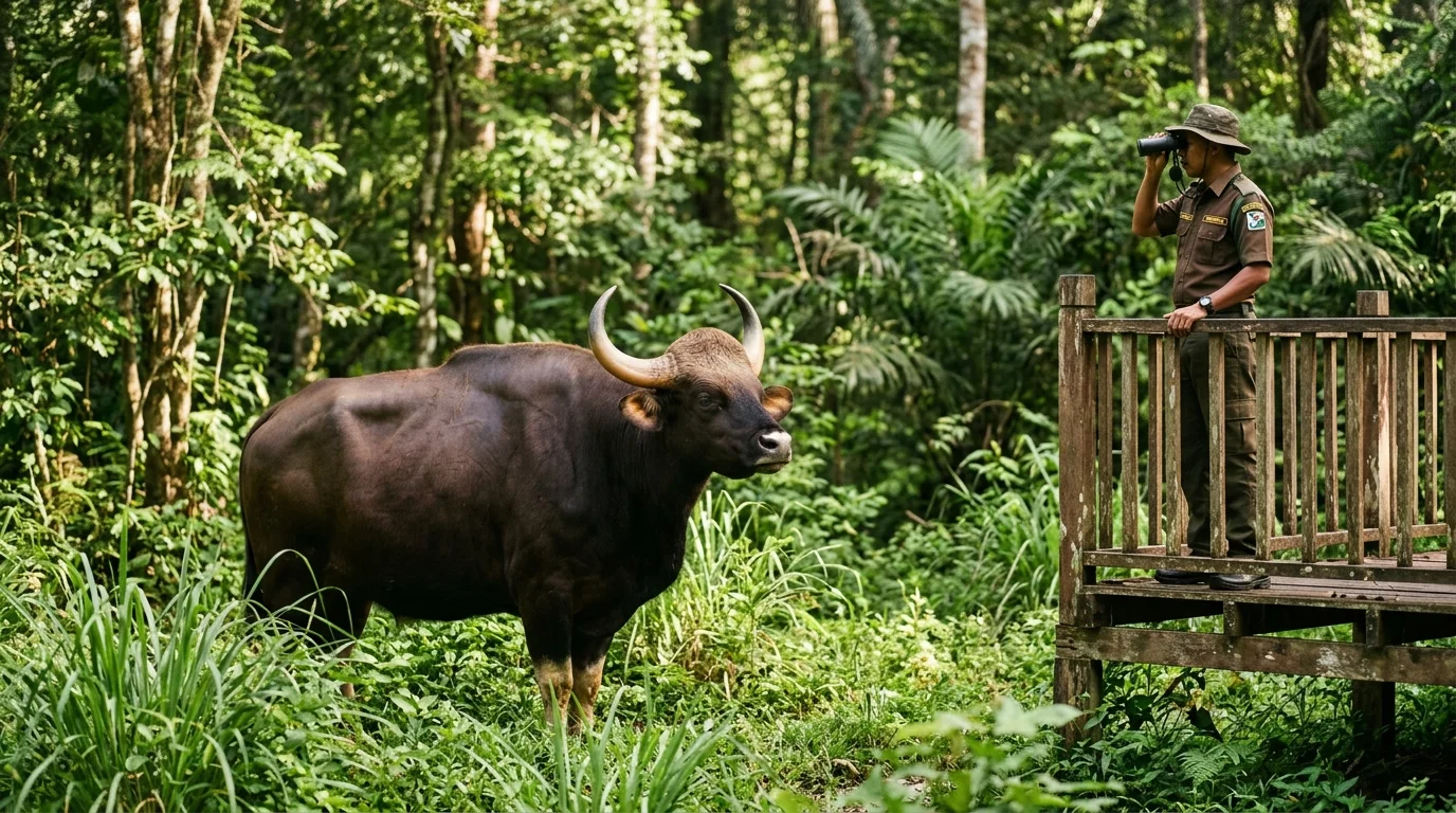 Pusat penyelidikan dengan platform pengamatan seladang (lembu liar besar) di habitat semula jadi
