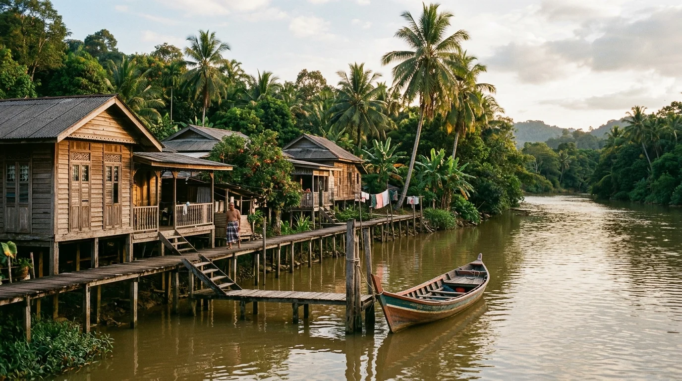 Kampung Melayu tradisional di tepi sungai dengan rumah papan dan kehidupan tempatan