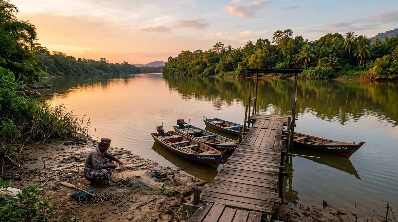 Dermaga tepi sungai dengan bangku bersantai, pemandangan air jernih, dan taman bunga