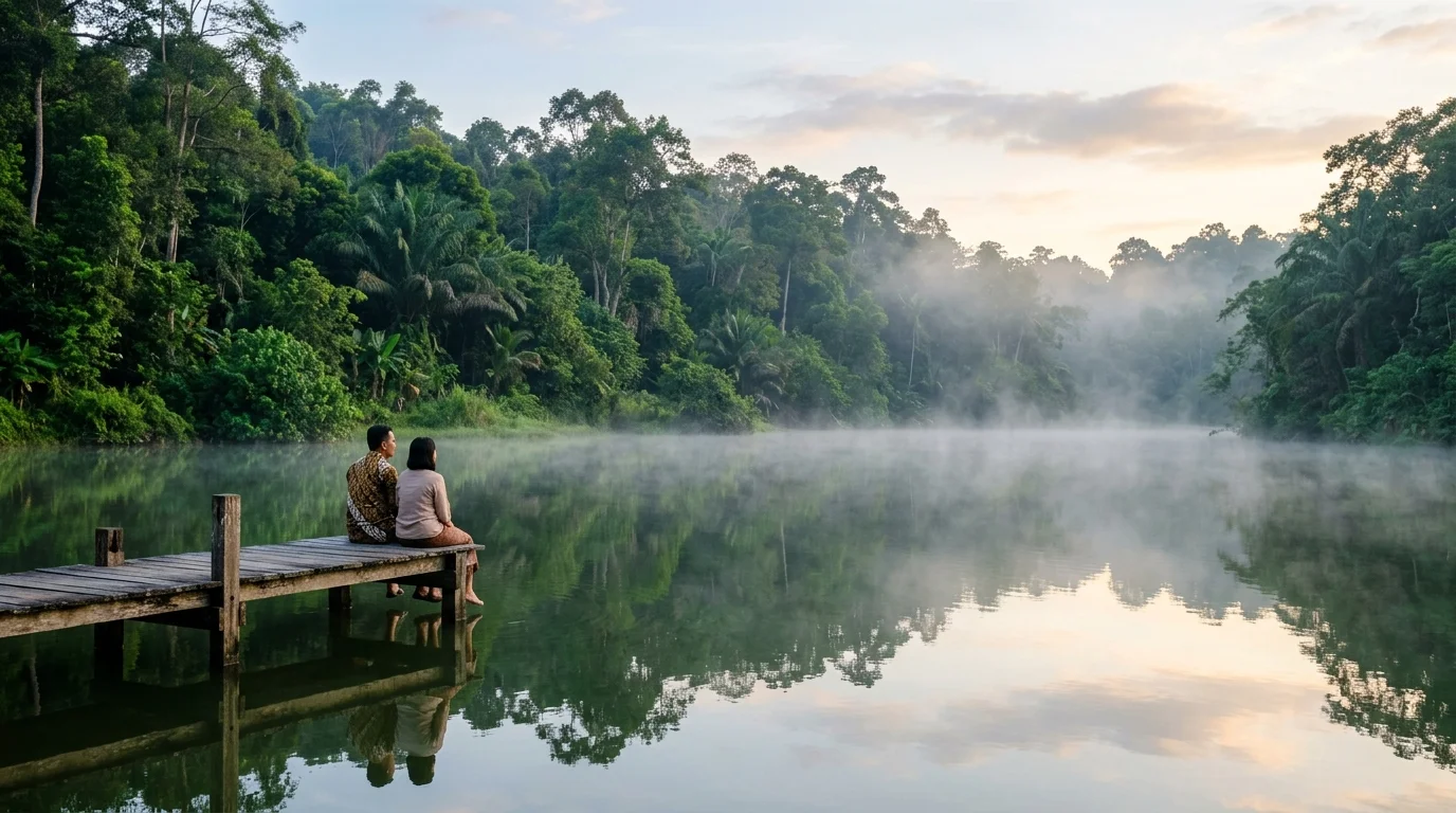 Danau kecil dengan tepi yang hijau, empangan kecil, dan tempat berkelah