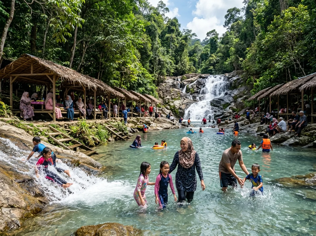 Kanak-kanak bermain di kolam dan gelongsor air Lata Telaga Bijih