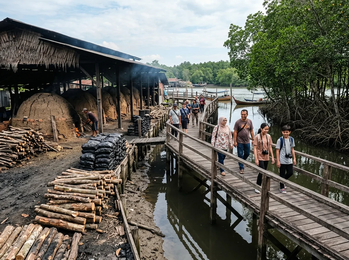 Kilang arang dan papan jalan hutan bakau Kuala Sepetang