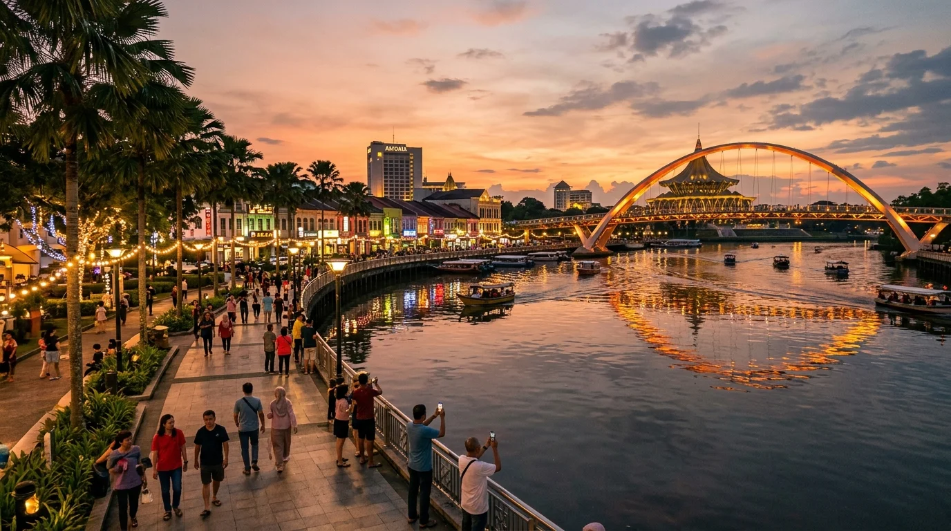 Kuching Waterfront Esplanade di waktu senja