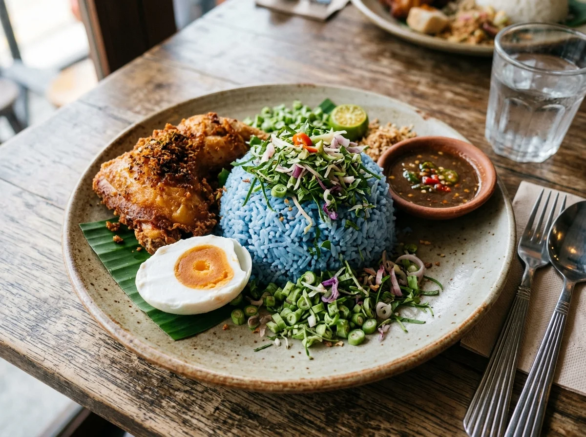 Nasi kerabu Kelantan dengan nasi biru dan ulam