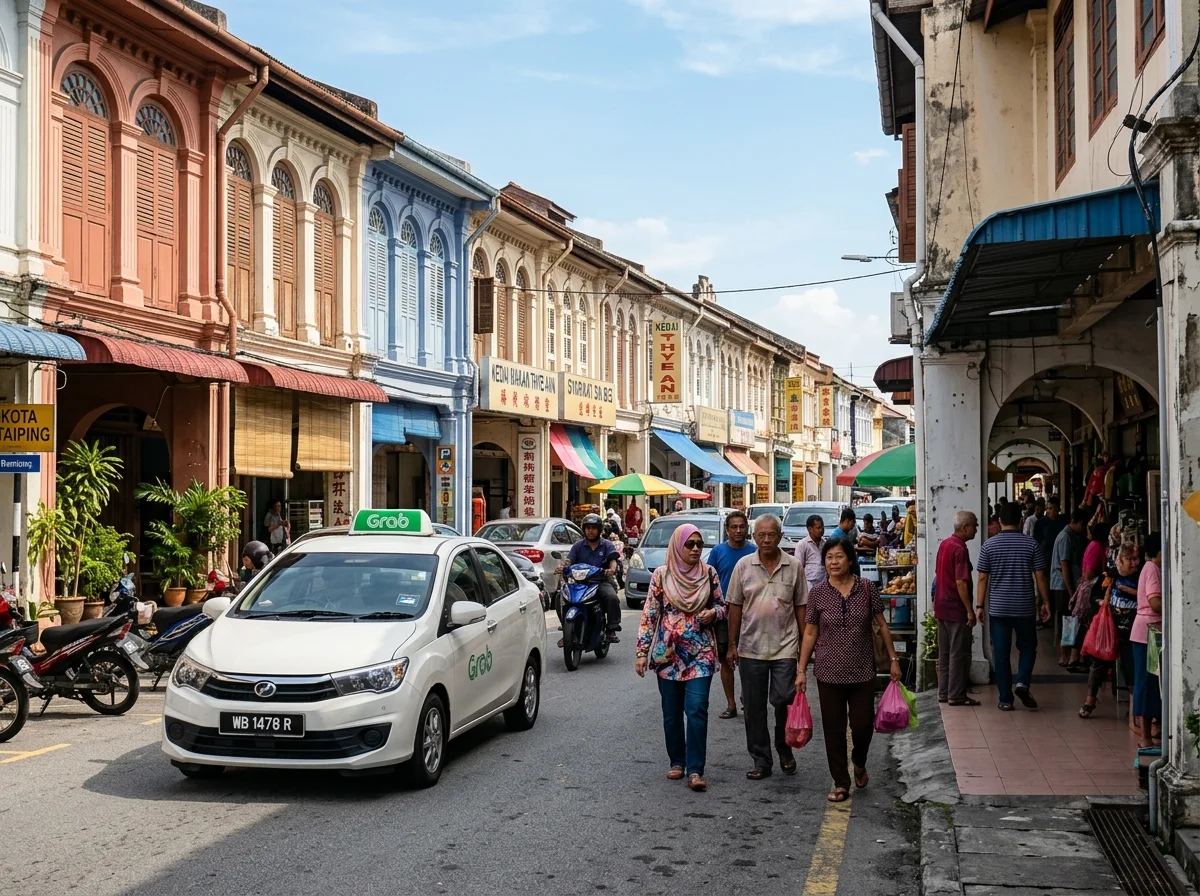 Bergerak dalam bandar Taiping dengan Grab dan berjalan kaki melepasi rumah kedai warisan